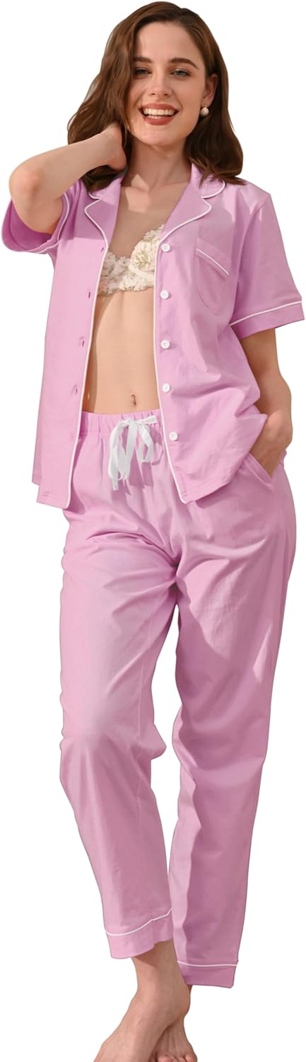 100% Cotton Pajamas for Women - Soft Sleepwear Set with Pockets