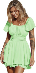 EXLURA Women's Ruffle Short Sleeve Tie Back Romper Dress