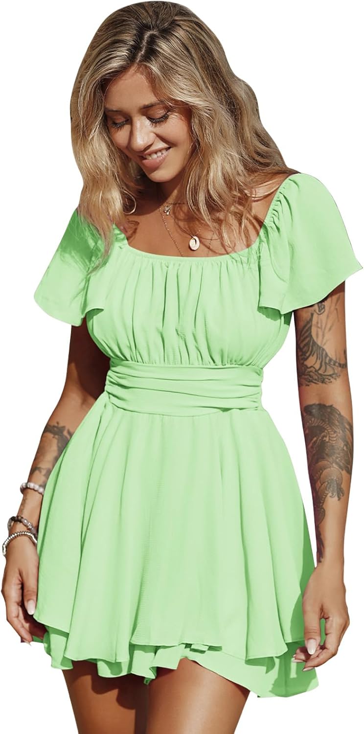 EXLURA Women's Ruffle Short Sleeve Tie Back Romper Dress