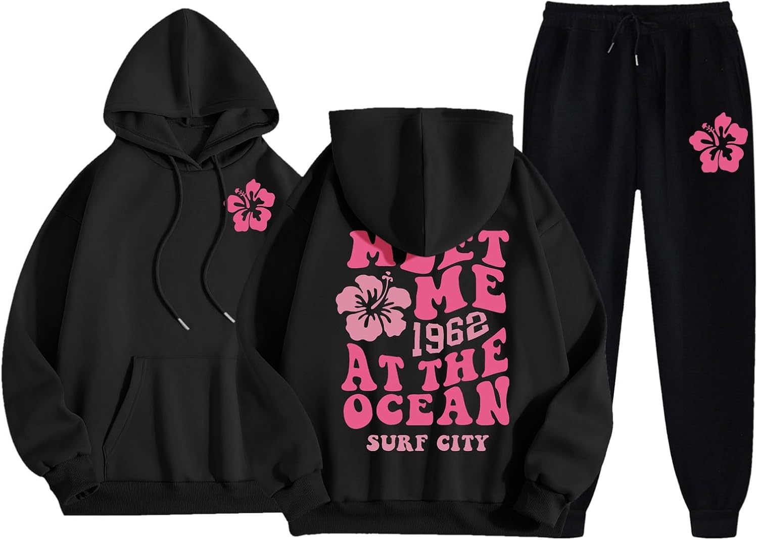 Palm Tree Graphic Pink Pom Sweatsuit Set