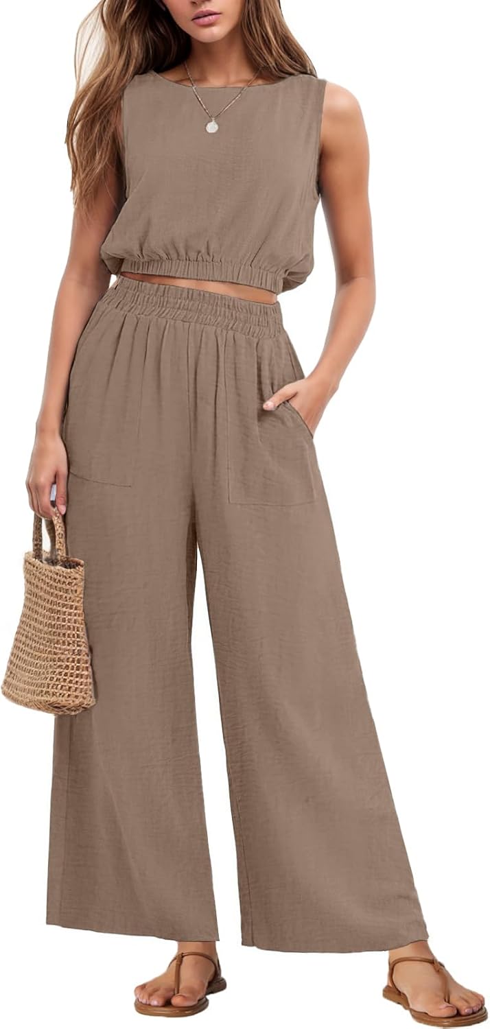 GRECERELLE Two Piece Sets for Women Sleeveless Crop Top Pants
