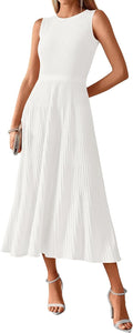 Midi Bodycon Tank Dress Summer Crewneck Sleeveless Pleated A Line S=US