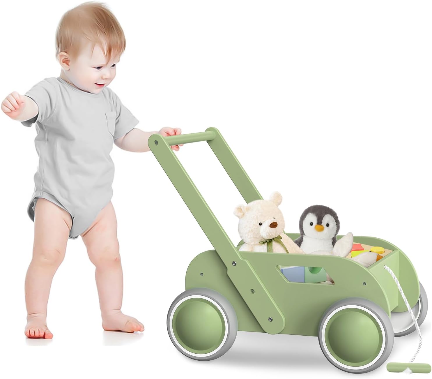 Green Wooden Baby Walker - Push & Pull Toy for Infants to Toddlers