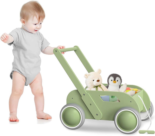 Green Wooden Baby Walker - Push & Pull Toy for Infants to Toddlers
