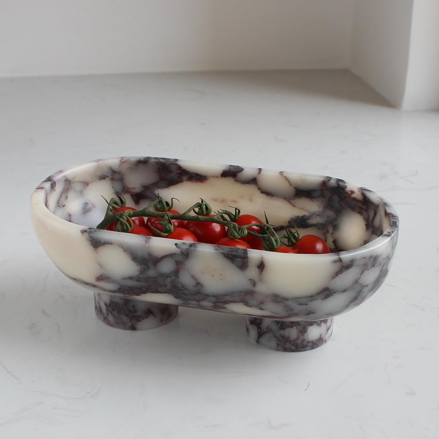 Natural Oval Calacatta Viola Marble Fruit Bowl for Kitchen Decor
