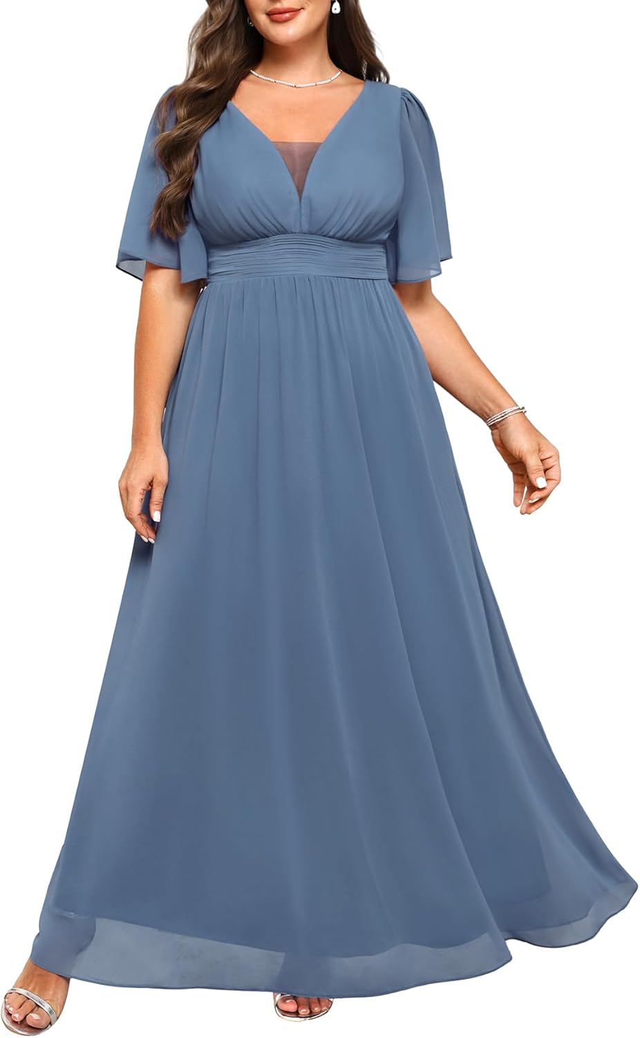 Plus Size Formal Dresses with V Neck Flutter Sleeves for Elegance