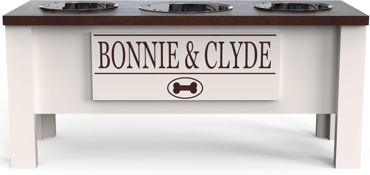 Personalized Elevated Triple Dog Bowl Stand with Storage for Dogs
