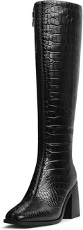Knee High Boots for Women Croc-Pattern Square Toe - 2.8in Heel