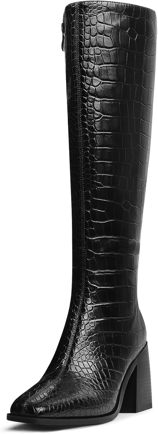 Knee High Boots for Women - Stylish Square Toe Chunky Heels