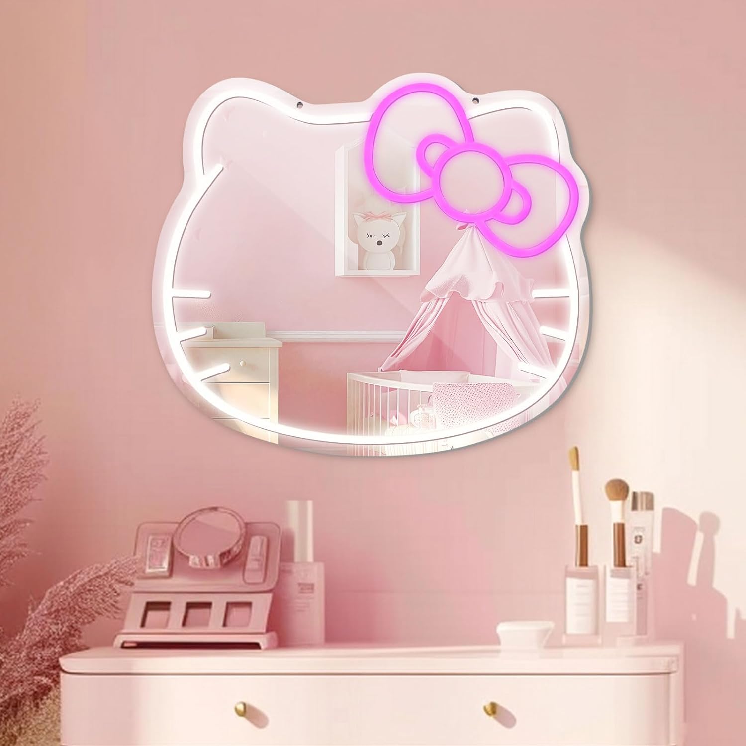 Anime Mirror Vanity with Neon Sign for Stylish Room Decor