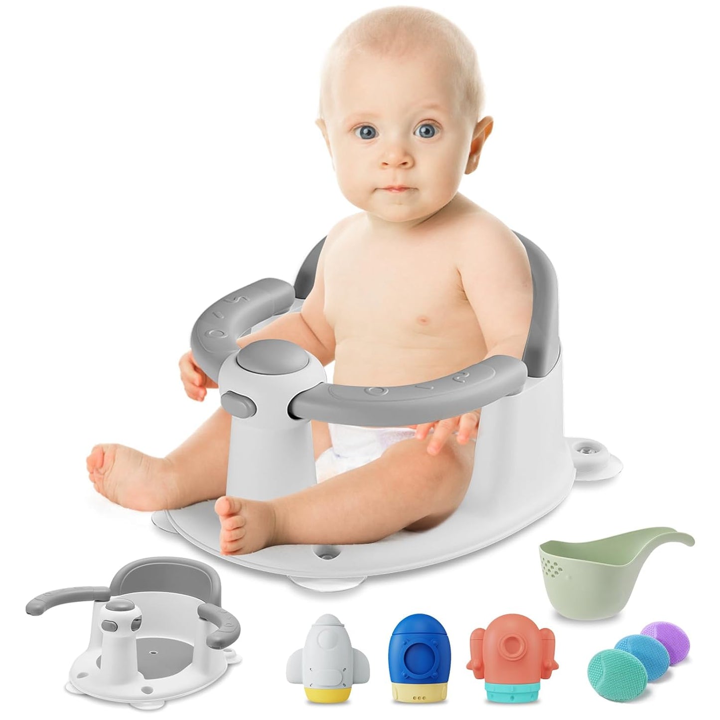 Baby Bath Seat Set with Toys & Brushes, Grey