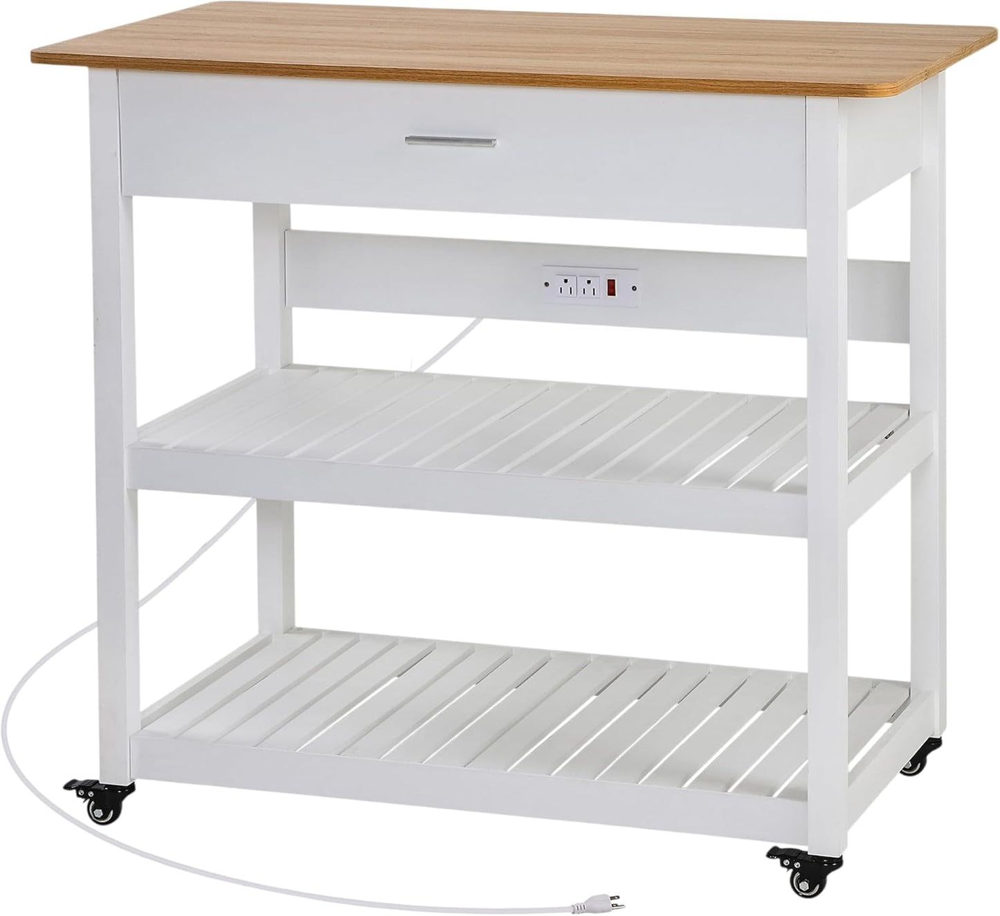 VECELO 40 Kitchen Island Cart: 3 Tiers, Power Strip, Spacious Storage - Easy Clean White