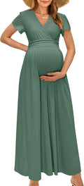 OUGES Maternity Maxi Dress Wrap V Neck - Flattering & Comfortable