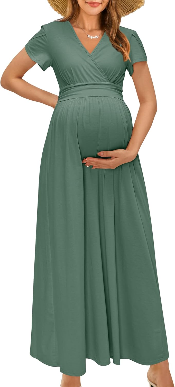 OUGES Maternity Maxi Dress Wrap V Neck for Baby Shower Events