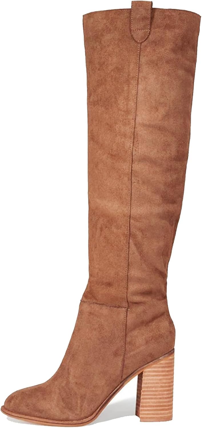 Erocalli Suede Knee-High Boots for Women with Chunky Block Heel