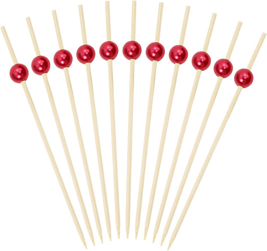 20pcs Red Pearl Cocktail Picks - Bamboo Stir Sticks