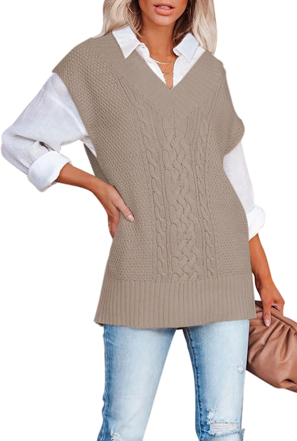 Viottiset Women's Oversized V Neck Knit Sweater Vest Tunic