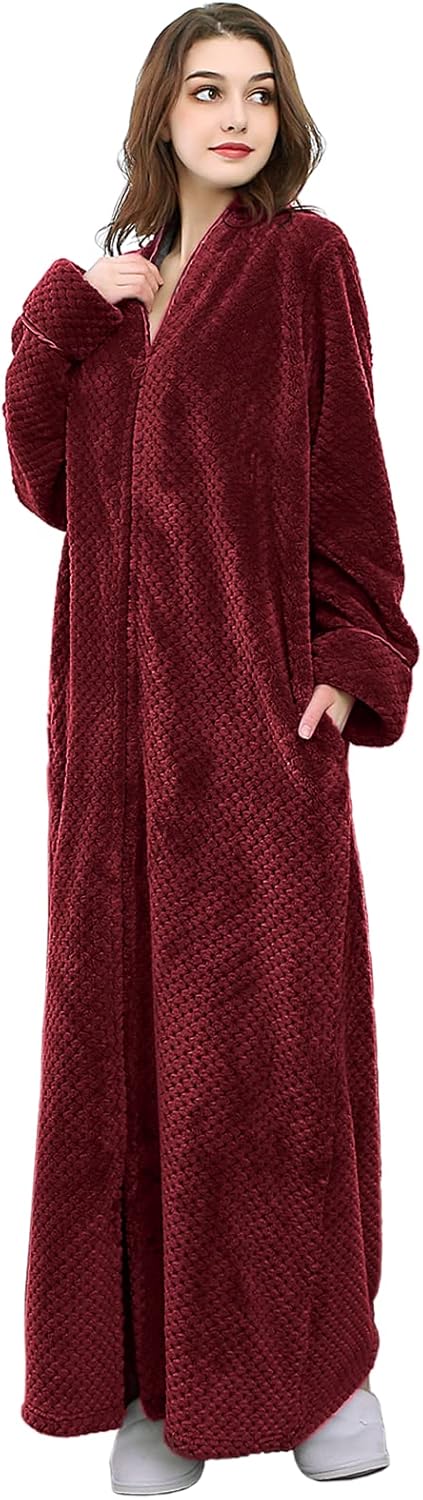 Warm Plush Winter Robe for Women - Zip Up Fleece Bathrobe
