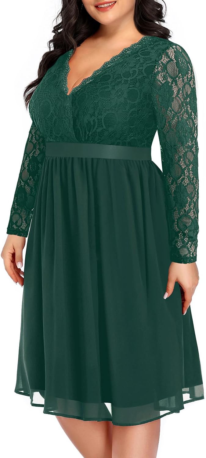 Plus Size Lace Chiffon Wrap V Neck Dresses for Women Events