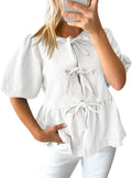 Womens Denim Tie Front Top Babydoll Peplum Puff Sleeve - Casual Chic