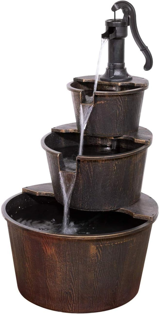 Alpine Corporation 40in Tall Rustic Barrel Water Fountain for Outdoors