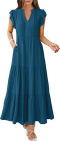 Womens Summer Casual Maxi Dress V Neck Ruffle Sleeve (Style GLQR)