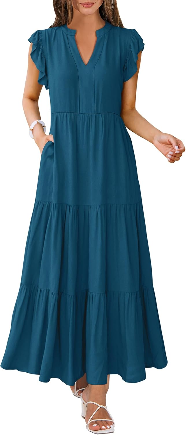 Womens Summer Casual Maxi Dress with Ruffle Sleeves for Style