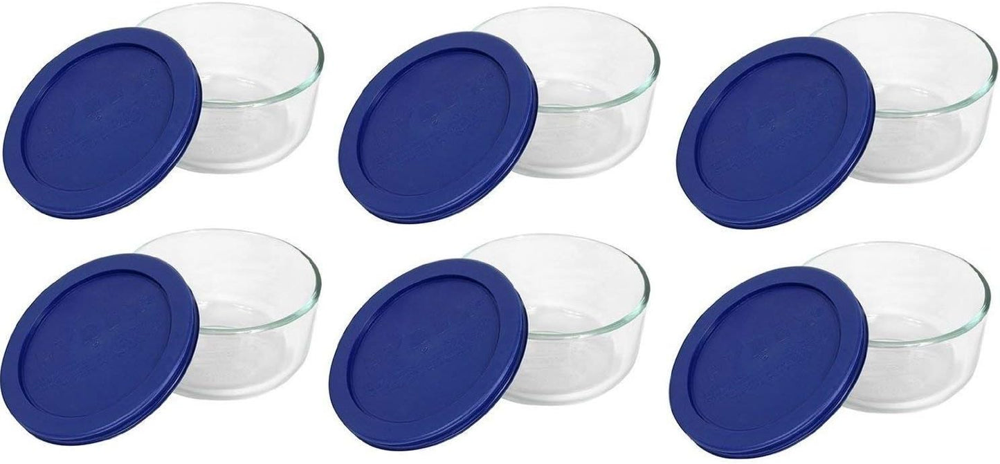 Pyrex 7200 2-Cup Glass Bowls with Dark Blue Lids - 6-Pack