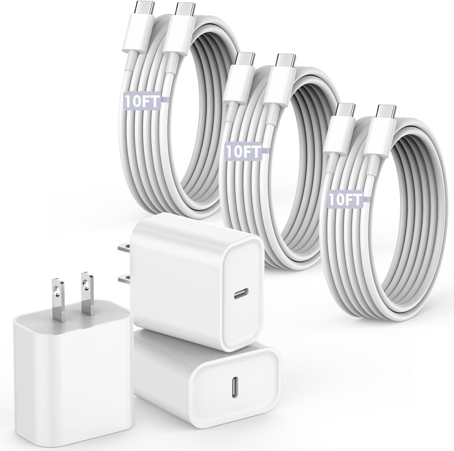 10FT Fast Charging Cord for iPhone 16 15 - 3 Pack USB C Charger