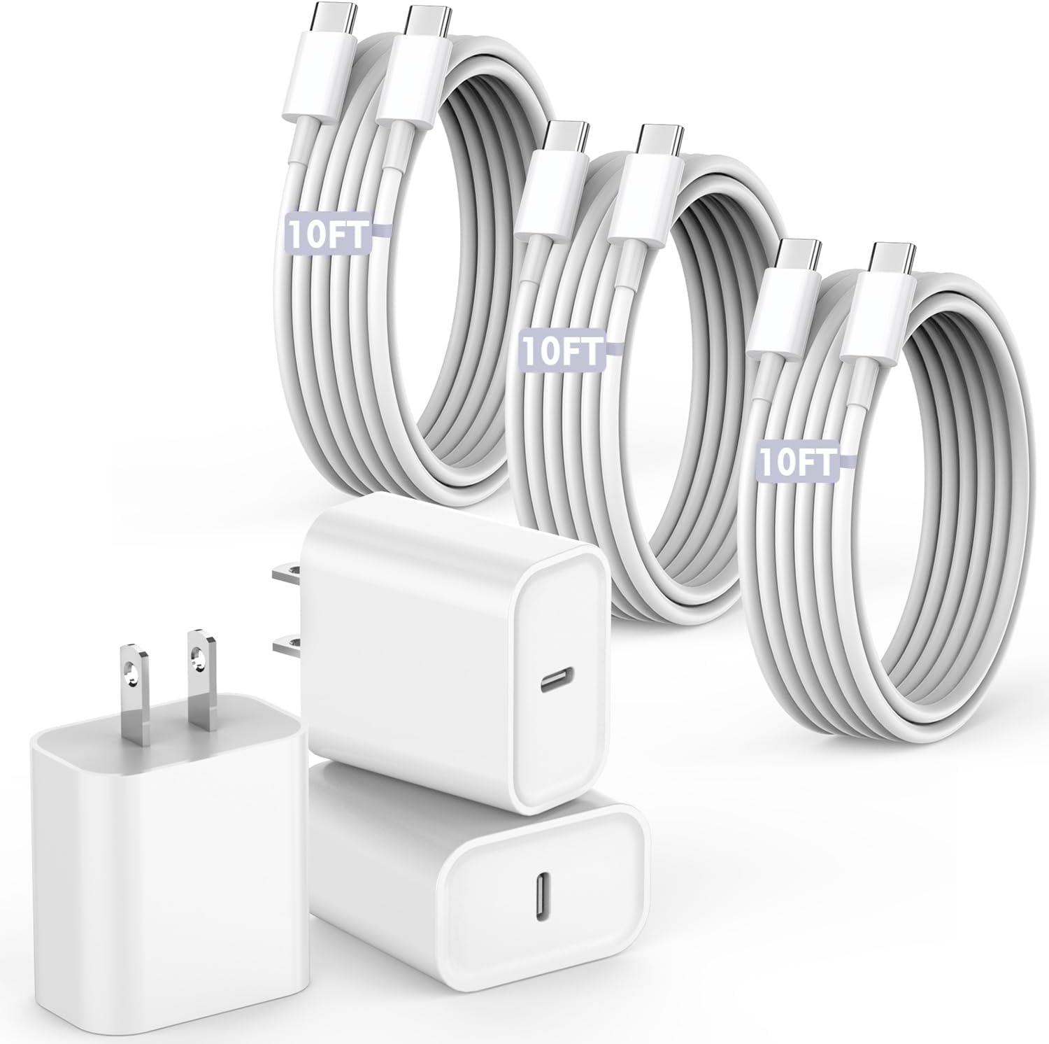 10FT Fast Charging Cord for iPhone 16 15 - 3 Pack USB C Charger