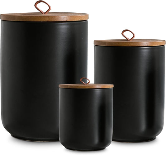 Black Ceramic Canister Set with Wooden Lid for Kitchen Storage