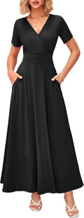 Women's Summer Maxi Dress with Pockets - Soft Wrap V Neck Midi