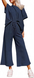 SHEWIN Women's 2 Piece Sweatsuit Lounge Set - Cozy Short Sleeve Top