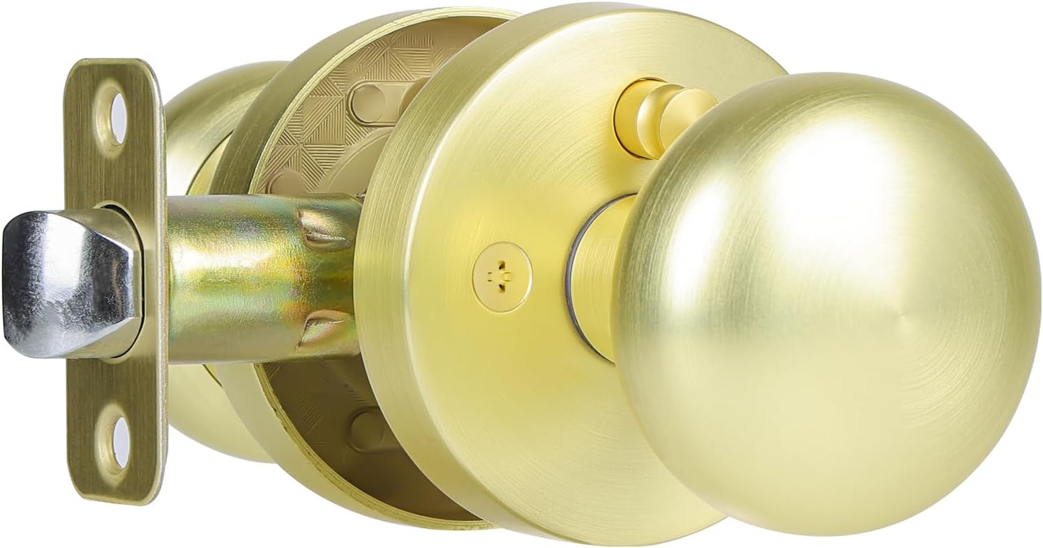 Satin Brass Door Knob with Push-Button Lock for Privacy Use
