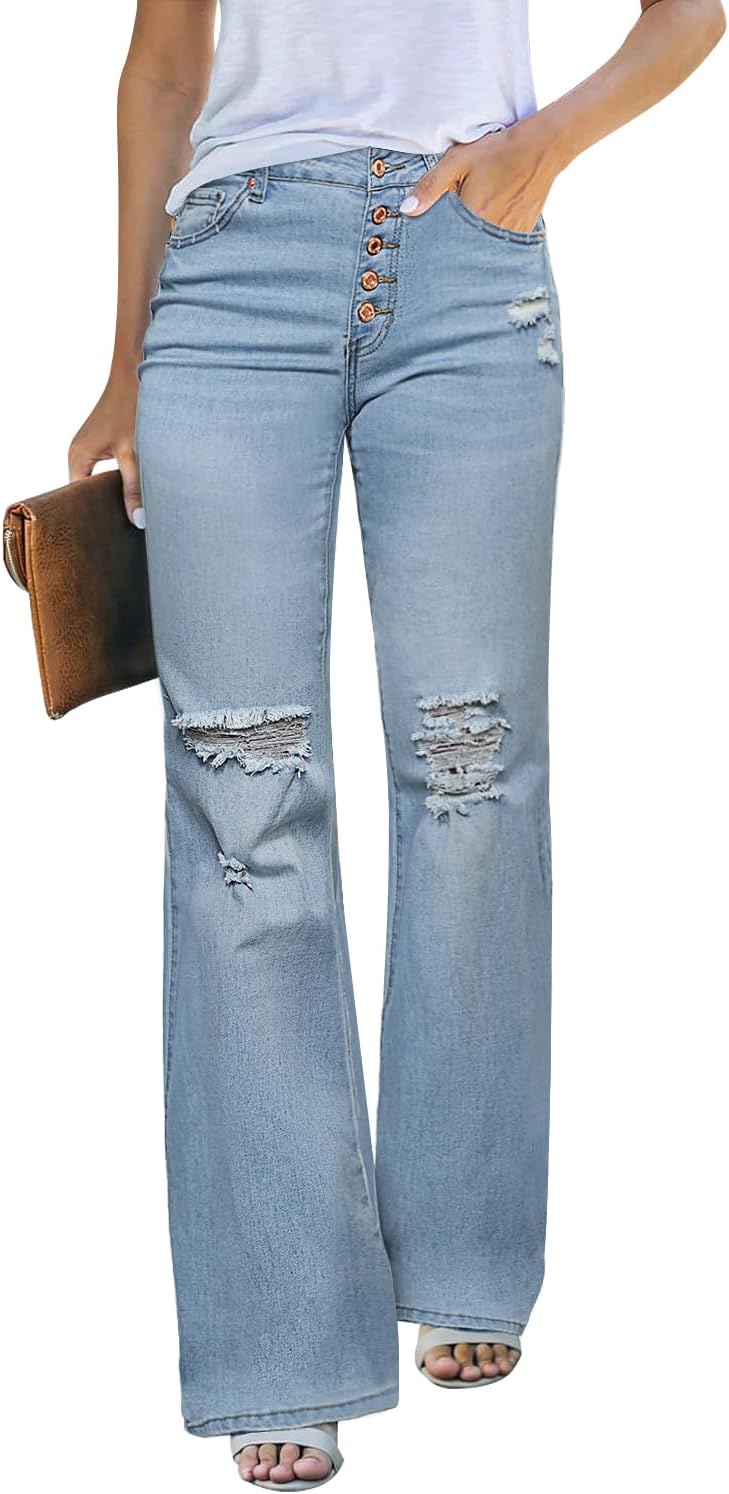 High Waisted Ripped Flare Jeans for Women by LookbookStore