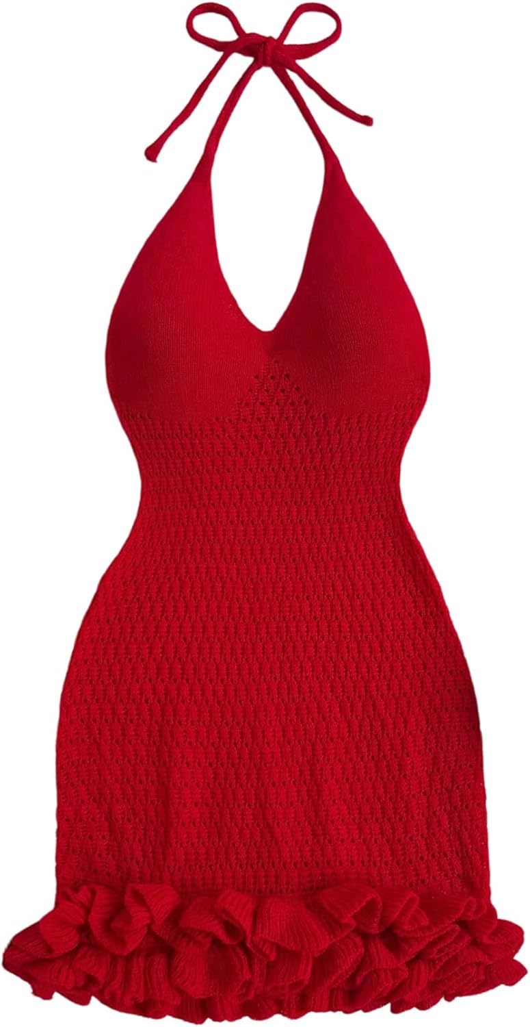 GORGLITTER Women's Crochet Halter Bubble Mini Dress for Summer
