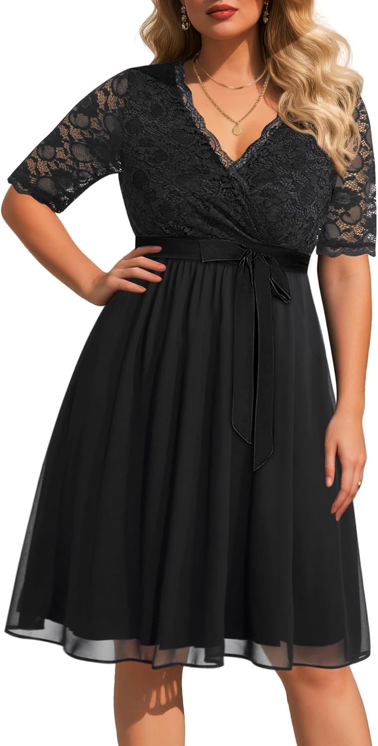 Pinup Fashion Plus Size Lace Chiffon Wrap V Neck Midi Dress