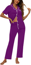 Womens 2-Piece Button Up Pajama Set with Short Sleeve and Long Pant