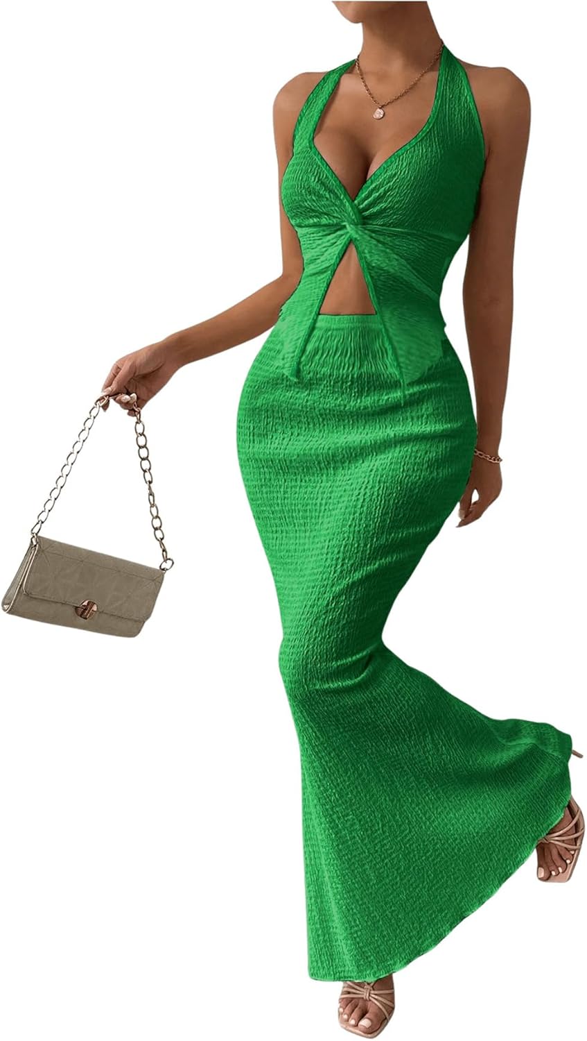 Stylish Women's Two Piece Outfits with Twist Front Halter Design