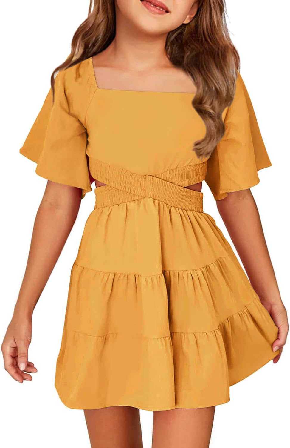 Batermoon Girls Summer Dress with Square Neck and Short Sleeves