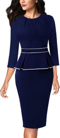 Womens Pleated Crew Neck Peplum Work Dress - Office Bodycon