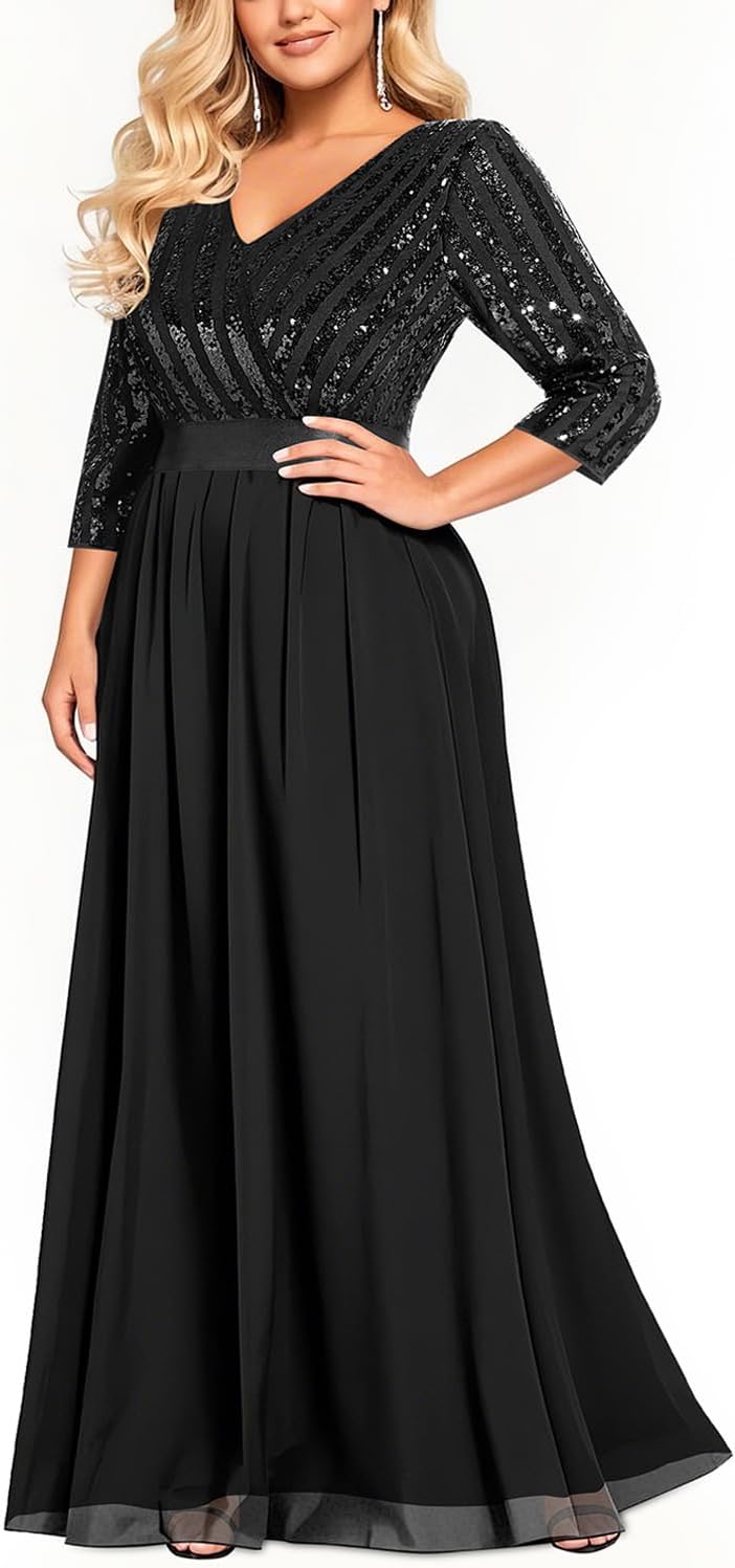 Womens Plus Size Formal Dresses with V Neck and 3/4 Sleeves