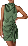 Women's Short Satin Mock Neck Dress - Tie Waist Cocktail Style