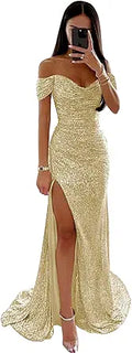 Sequin Prom Dresses Off Shoulder V-Neck Long Ball Gown with Slit