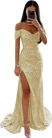 Sequin Prom Dresses for Women Off Shoulder V-Neck Long Gown