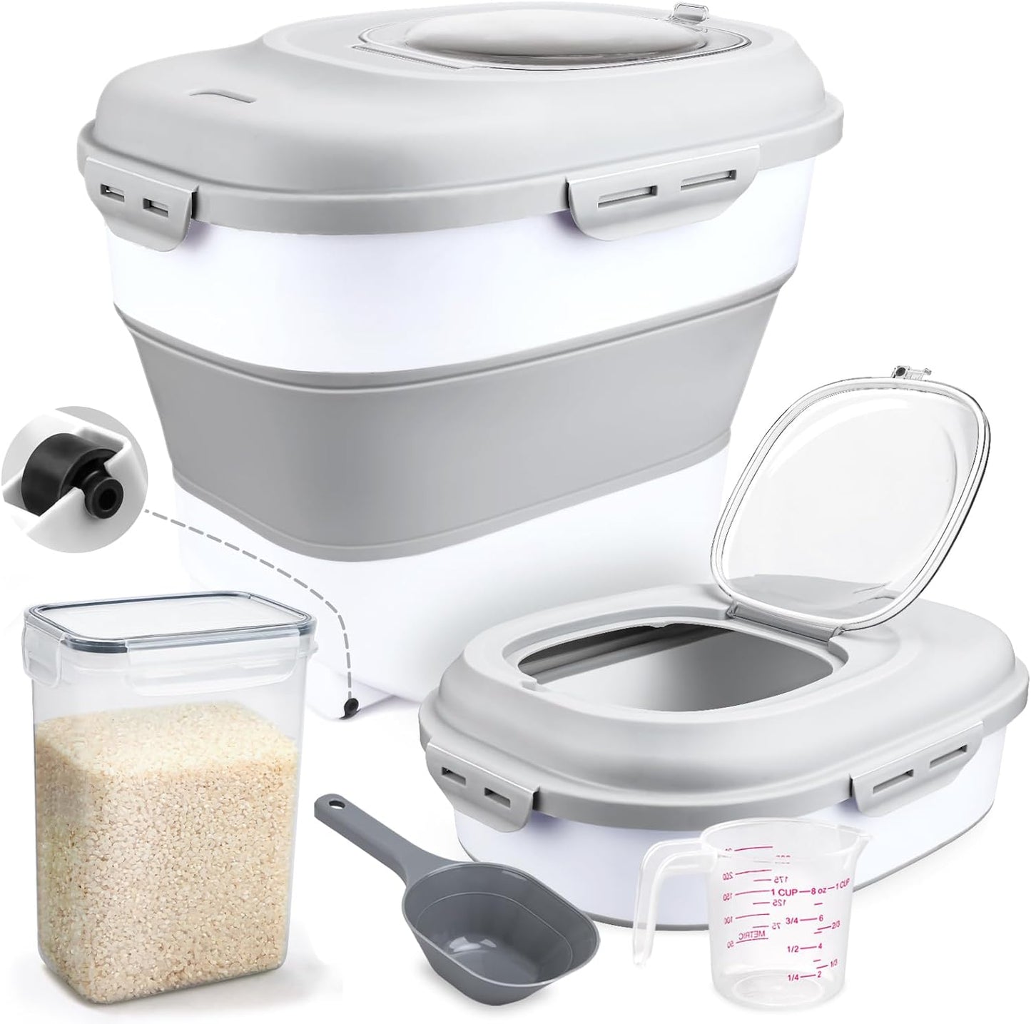 Collapsible Rice Storage Bin with Wheels and Measuring Cup