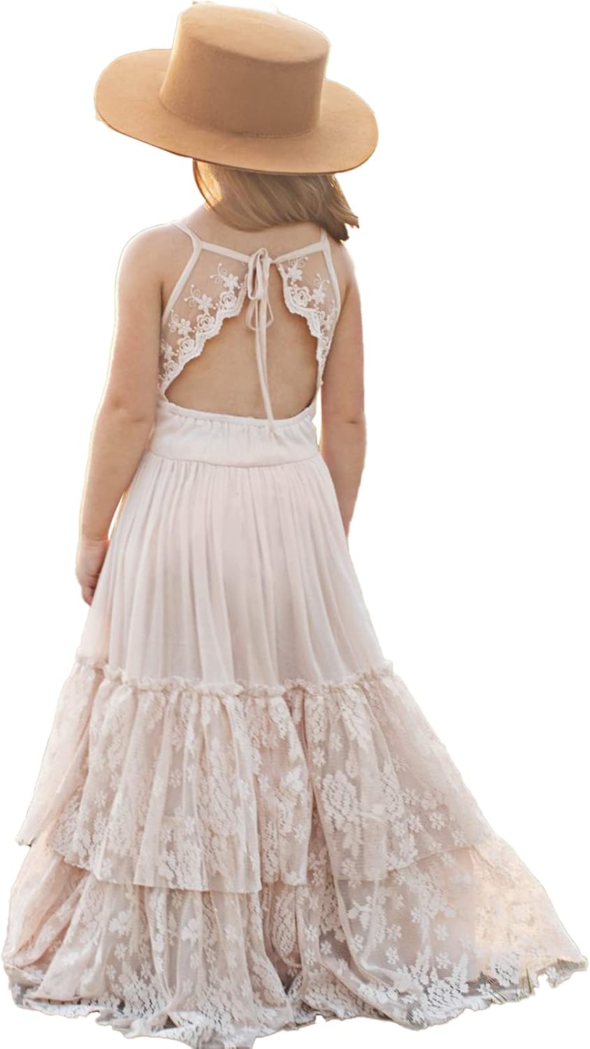 BIBIHOU Girls Lace Back Full-Length Tulle Party Dress