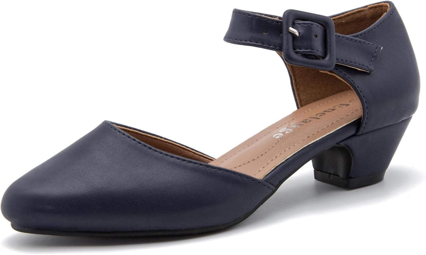 Stylish Women's Ankle Strap Closed Toe Low Chunky Heel Pumps