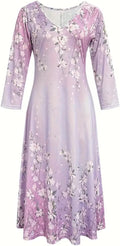Women V Neck Floral Print Midi Dress - Elegant Fall/Winter Wear