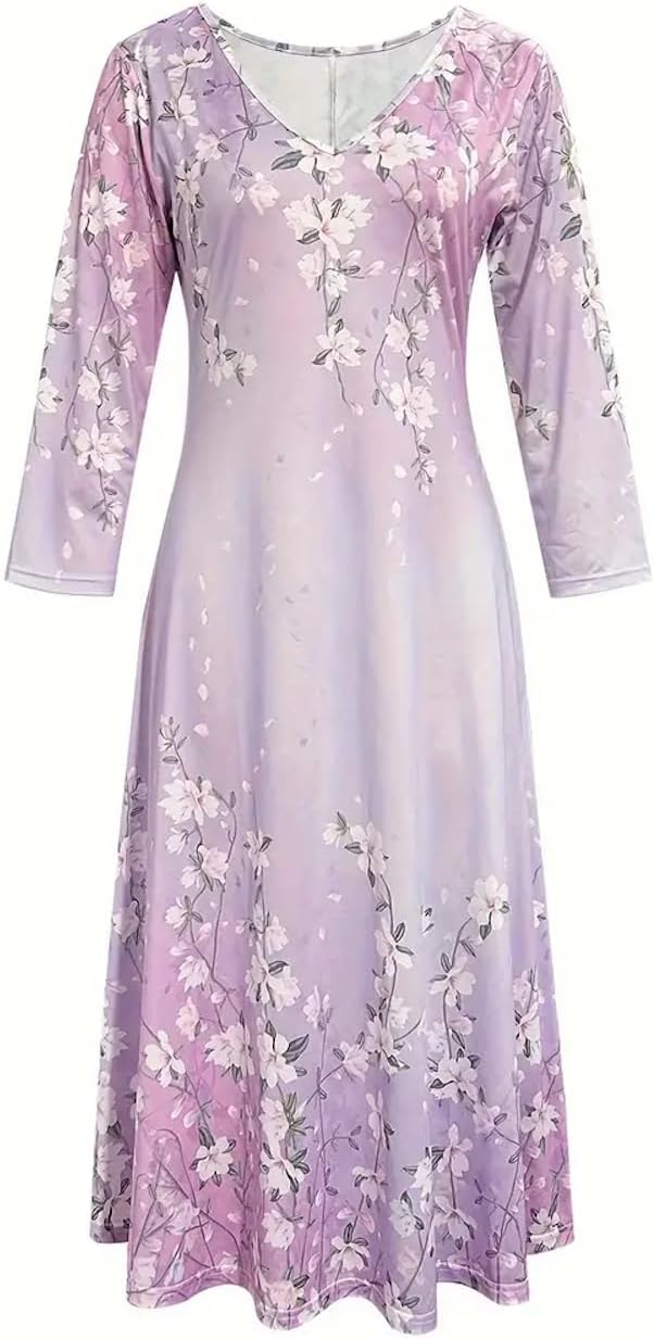 Floral Print Purple Midi Dress - Dacron & Spandex Blend
